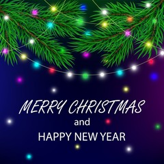 Vector Christmas banner. Merry Christmas and Happy New Year card with sparkling lights garland and pine branches. Greeting card invitation template on dark background. 