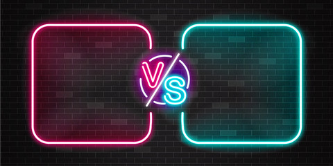 Neon screen and banner of versus battle, glow pink and blue outline.