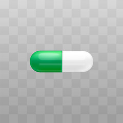 Medical drug capsule or antibiotic pill vector isolated on transparent background.
