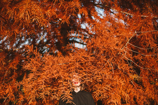 Woman surrounded with bright orange tree branches