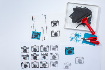 Camera Linocut, landscape format.