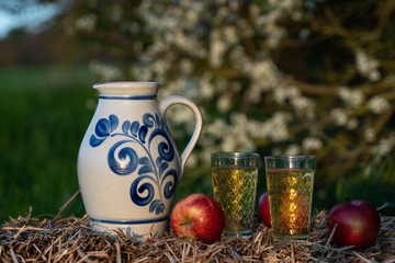 Traditional German Apple Wine from the Hesse Region. Wine in an old jug