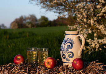 Traditional German Apple Wine from the Hesse Region. Wine in an old jug