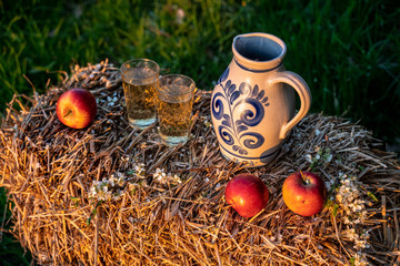 Traditional German Apple Wine from the Hesse Region. Wine in an old jug