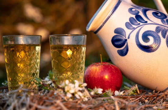 Traditional German Apple Wine from the Hesse Region. Wine in an old jug