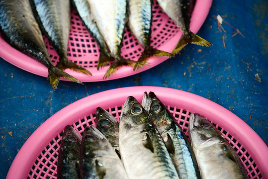 Fish heads and tails in pink baskets on a blue table