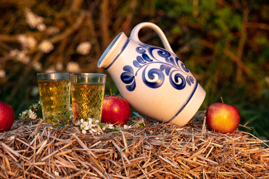 Traditional German Apple Wine from the Hesse Region. Wine in an old jug