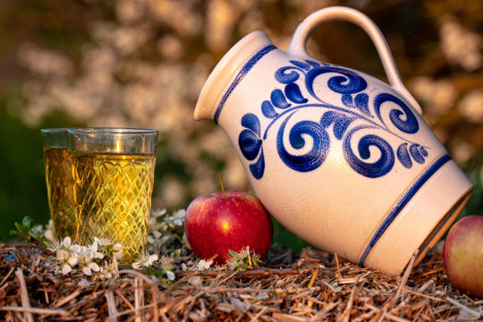 Traditional German Apple Wine from the Hesse Region. Wine in an old jug