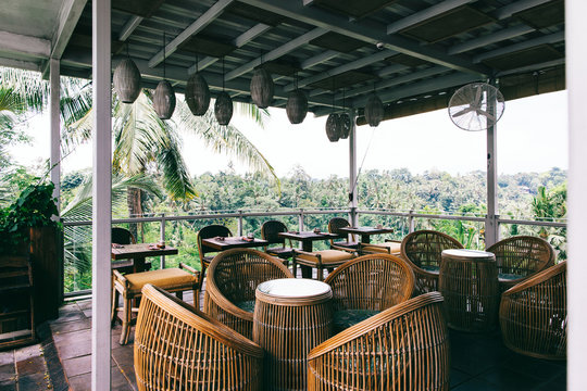 Stylish Bamboo Furniture In Empty Tropical Restaurant