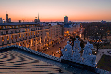 Beautiful sunset twilight over Riga, Latvia near the opera house.