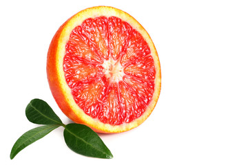 Slice of red blood orange with leaf isolated on white background