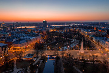 Beautiful sunset twilight over Riga, Latvia near the opera house.