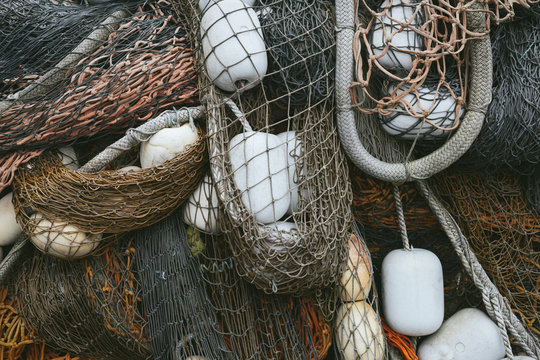 Pile of commercial fishing nets and ropes