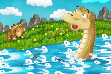 cartoon scene with dinosaur diplodocus apatosaurus swimming in the river in the jungle nature background - illustration for children © honeyflavour