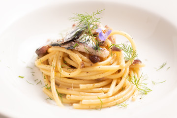 Italian pasta with sardienes, close up