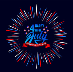 Happy fourth of July Independence day USA  handwritten phrase with stars, American flag and firework. Vector lettering illustration.