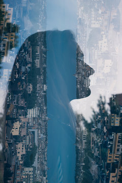 Double exposure portraits of a young woman in Rome