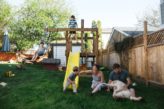 Family together in back yard