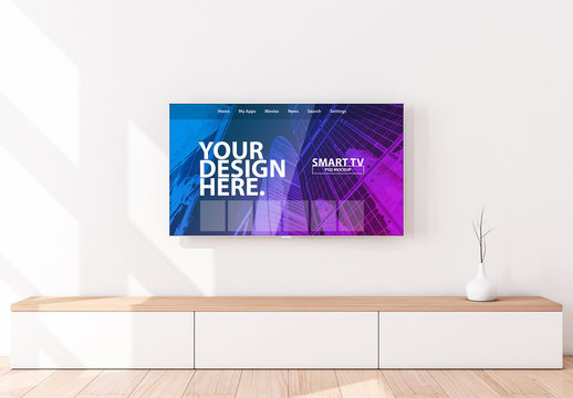 Smart TV on Wall Above Console Mockup