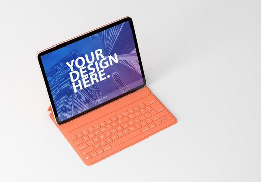 Tablet with Coral Keyboard Mockup
