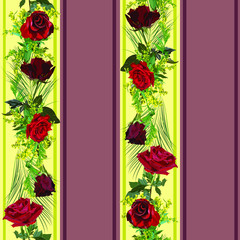 Vertical lines. Seamless pattern. Red roses, yellow mimosa on yellow and pink stripes. Fabric, wallpaper, card.