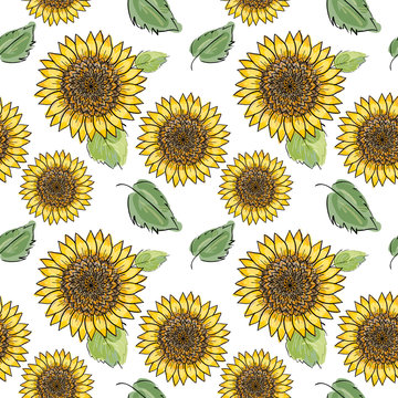 Sunflower seamless pattern with green leaves, imitating ink and watercolor on white background. Hand-drawn flower heads. Natural themed wallpaper, wrapping, packaging paper,birthday card design