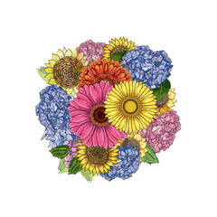round bouquet with gerbera, sunflower, hydrangea. Hand-drawn contour lines and strokes. Element for design. Colorful sketch illustration. flower frame round on white background,