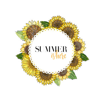round white frame with lettering decorated with flowers gerbera and sunflowers, sketch graphic color illustration on white background. Summer is here hand drawn quote.
