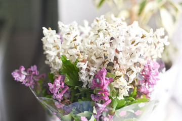 A small bouquet of white and lilac spring flowers
