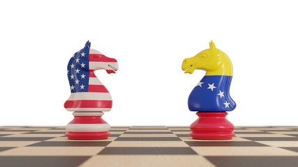 America and Venezuela conflict. Chess knights concept on white background. 3d illustration © Alex Sashka