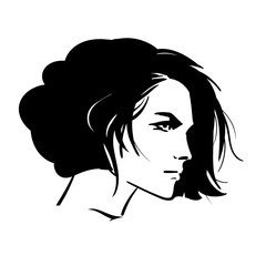 Bob hairstyle beautiful woman portrait. Looking over her shoulder. Vector. Black and white style. Illustration.