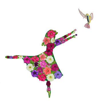 Watching flowers through a figure of a ballet dancer and a bird. Humanity and nature need to exist in harmony