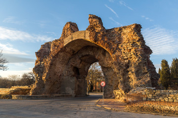 Sunset view of The South gate know as The Camels at roman fortifications in ancient city of Diocletianopolis, town of Hisarya, Plovdiv Region, Bulgaria