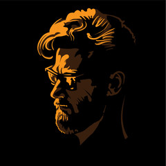 Man portrait silhouette in backlight. Contrast face with sunglasses. Vector. Illustration.