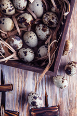 Quail eggs. Flat lay composition with small quail eggs on the natural wooden background. One broken egg with a bright yolk.