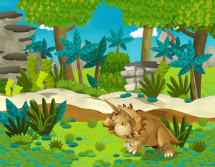 cartoon scene with dinosaur triceratops running around in the jungle having fun nature background - illustration for children