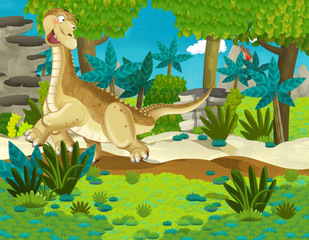 cartoon scene with dinosaur diplodocus apatosaurus running around in the jungle having fun nature background - illustration for children