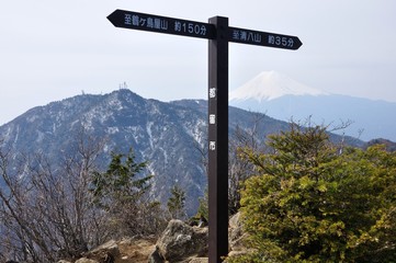 本社ヶ丸山頂と三ツ峠山と富士山