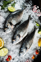 Fresh raw dorado fish and food ingredients on table