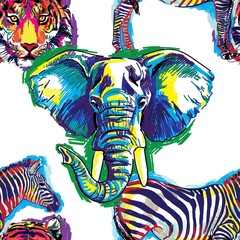 Stylish background with animals. Seamless pattern. Elephant, tiger,.Figure markers. Pop Art. Bright print, colored spots. Freehand drawing.