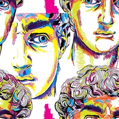 Seamless pattern with greek sculptures. Men's faces. Stylish colorful background. pop art, modern antiquity.