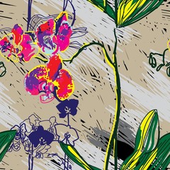 Seamless pattern with orchids. Tropical flowers. Bright multicolored background. Pop art drawing markers.