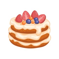 Cream cake tasty vector in cartoon style. Birthday cake with chocolate and fruits illustration - Vector illustration