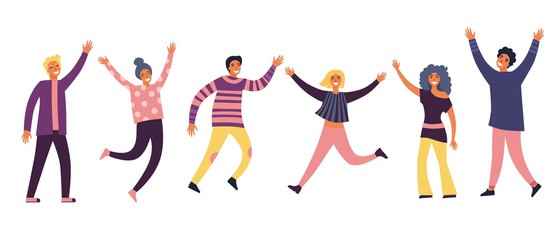 Group of young joyful laughing people jumping with raised hands isolated on white background. Happy positive young men and women rejoicing together. Colored vector illustration in flat cartoon style.