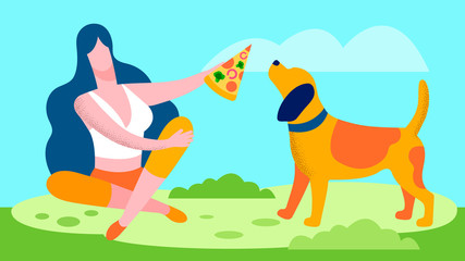 Young Woman Giving Pizza to Dog Flat Illustration
