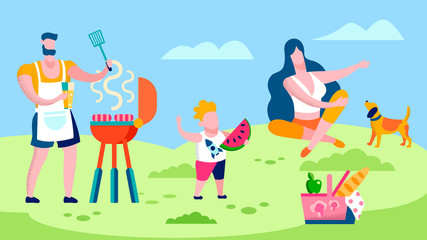 Family Barbeque in Countryside Flat Illustration
