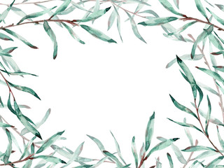 Watercolor frame of pussy willow branches with copy space. Illustration. © annakonchits