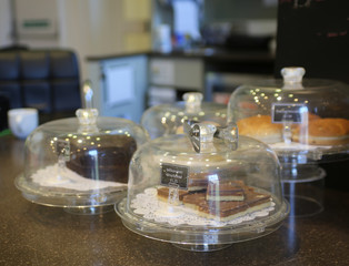 Cakes on display in cafe