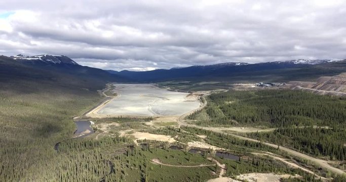 Aerial view of tailings pond at an abandoned mine site in northern Canada