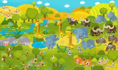 Cartoon scene with different safari animals - wildlife or zoo - illustration for children